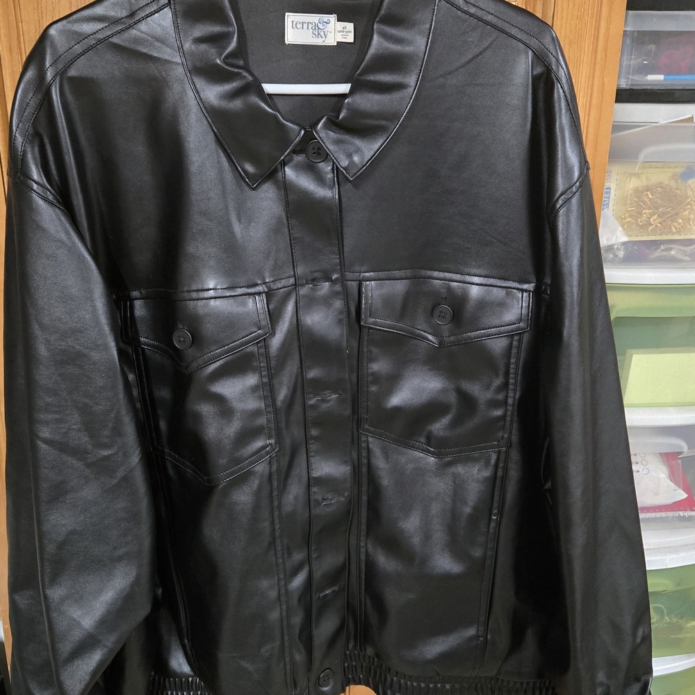 Black Faux Leather Shirt Jacket